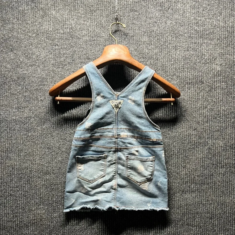 OshKosh Bgosh Denim Overall Dress Toddler 3T Blue Floral Print Bib‎ Jumper Skirt